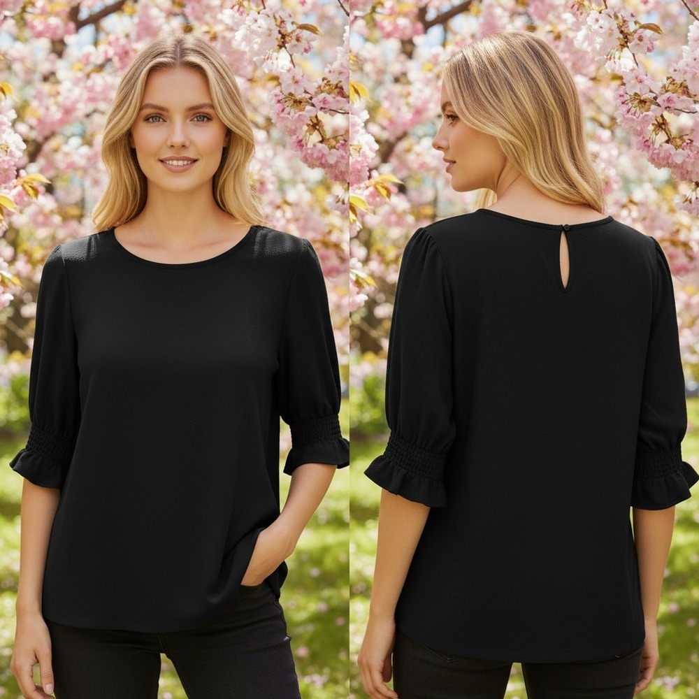Adrianna Papell Blouse‎ Women Large Black Smocked Sleeve Keyhole Professional